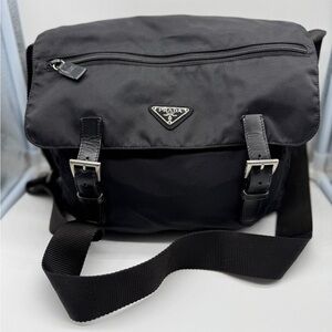 Prada Black Nylon Messenger Crossbody Bag Authentic Logo Buckle Shoulder Satchel